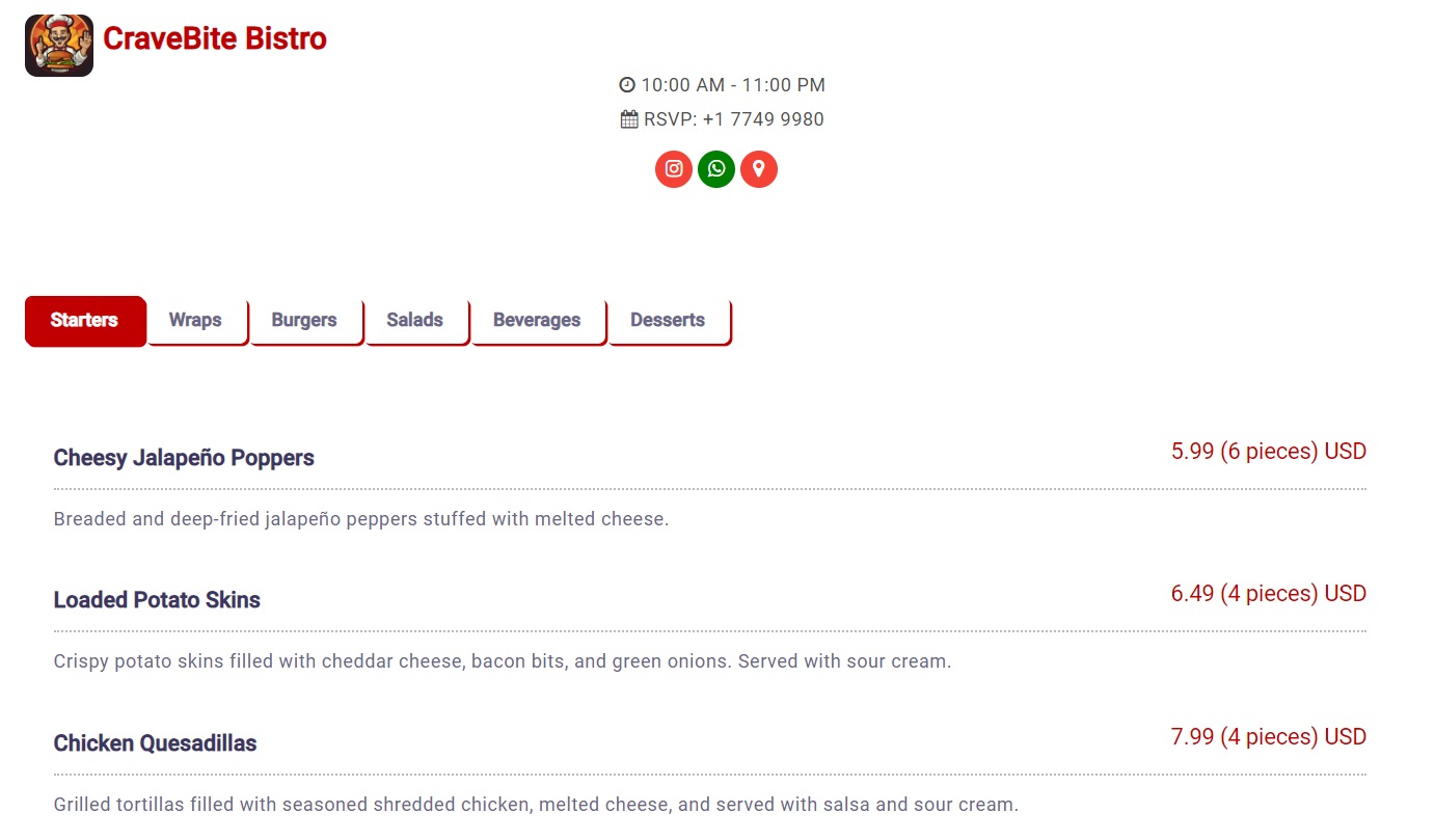 create and publish digital menu for restaurant